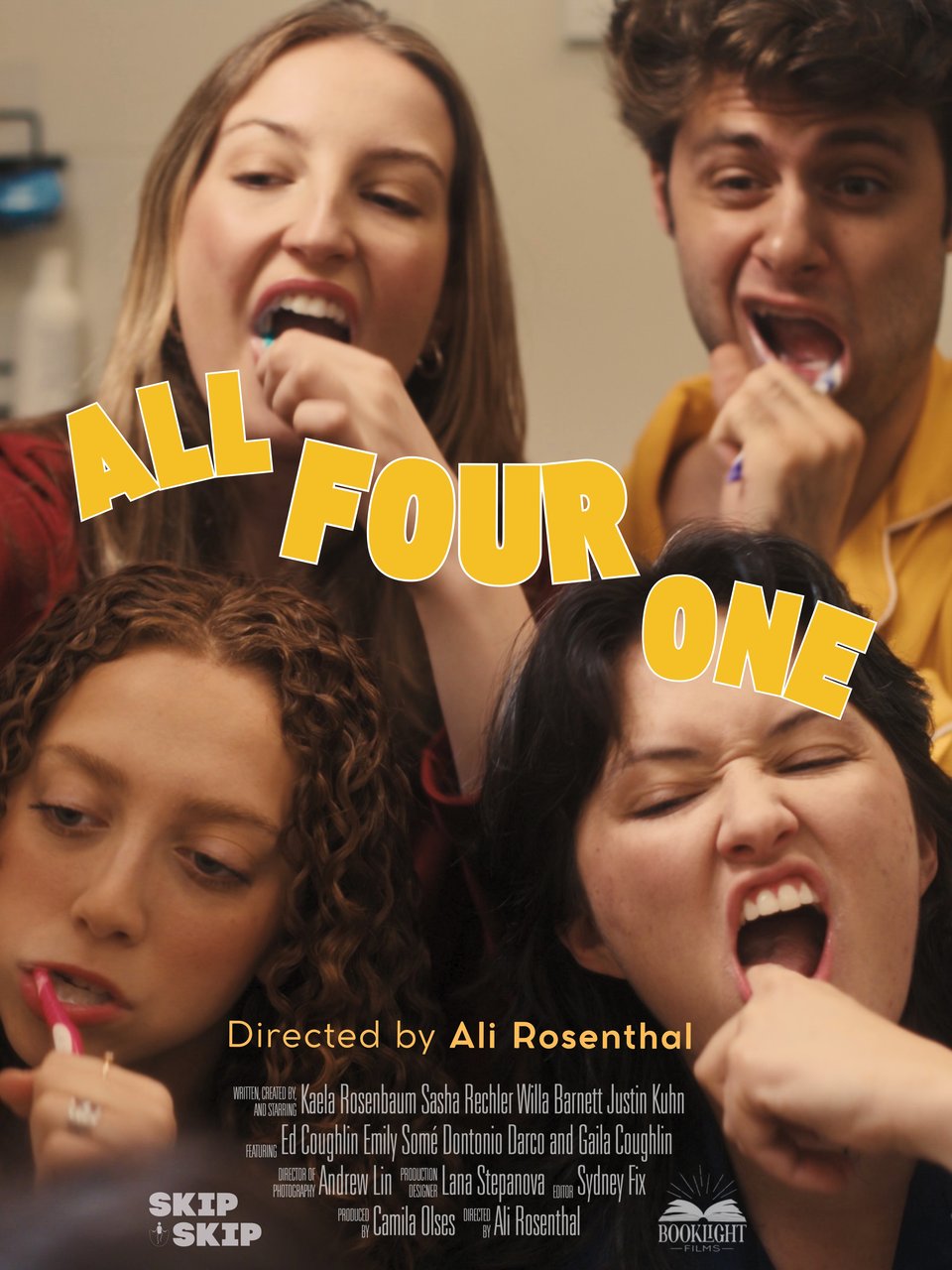 All Four One poster: the four members of Skip Skip crowded around one sink, brushing their teeth