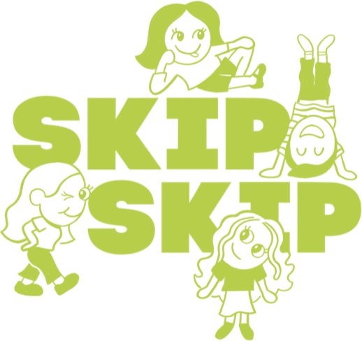 Skip Skip wordmark with four hand-drawn stamp characters