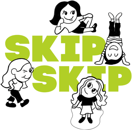Skip Skip wordmark with four hand-drawn stamp characters